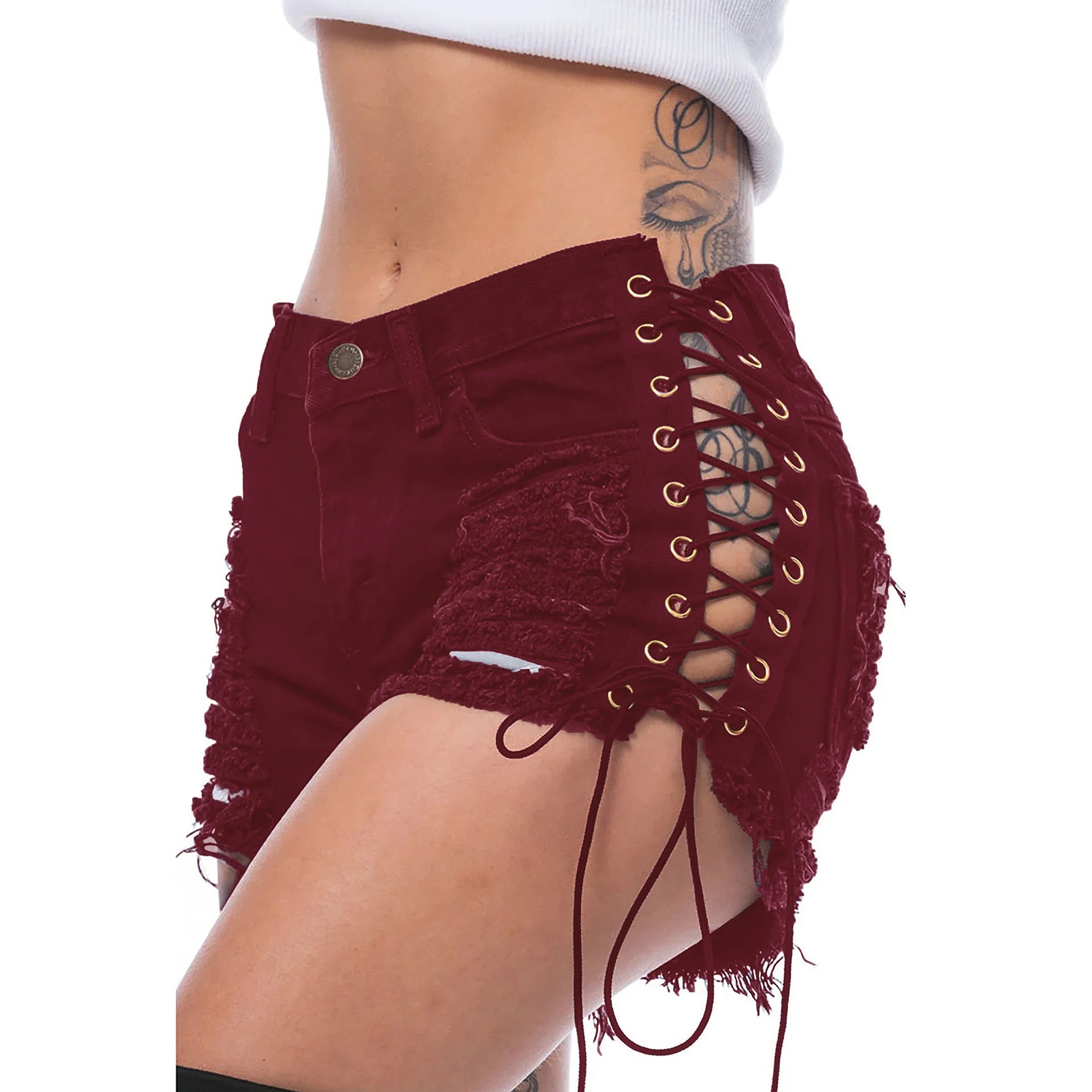 Sexy Ripped Tassel Jeans Streetwear High Waist Straight Denim Shorts 2026 Summer New Women Lace-Up Hole Hollow Out Jean Shorts